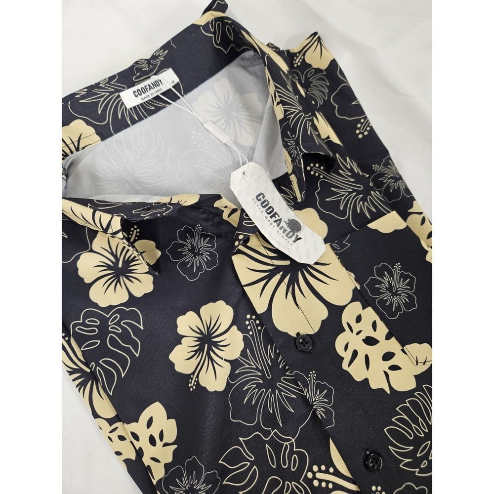 Coofandy Mens Tropical Hibiscus‎ Print Button Down Shirt Black Tan Floral Medium